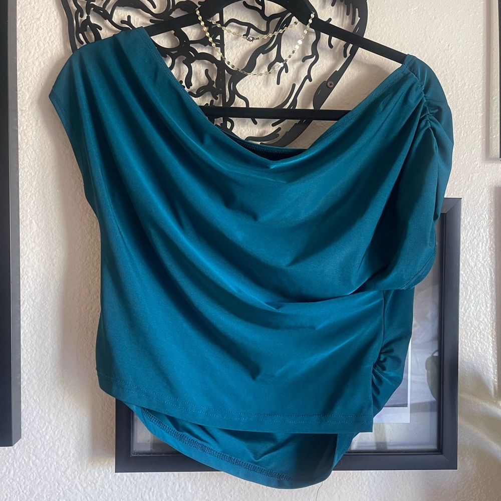 Teal Draped Top off the shoulder